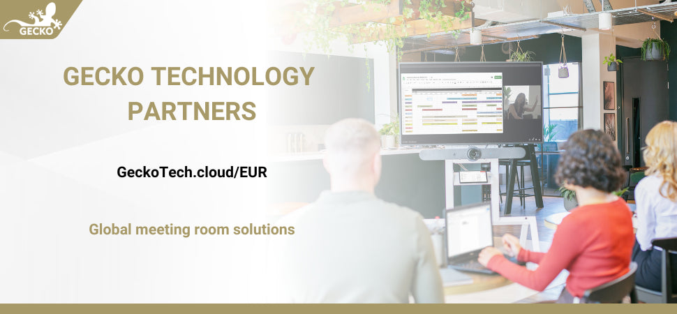 An image with text reading "Gecko Technology Partners. GeckoTech.cloud/EUR. Global meeting room solutions". The image is of the Logitech Rally Bar mounted to an AV cart.