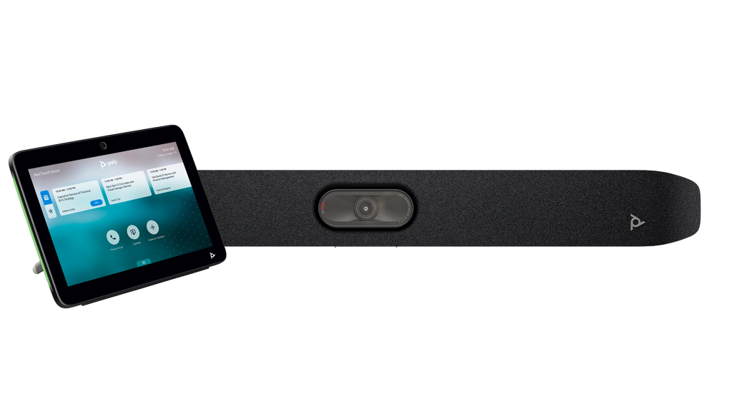 A picture of a video bar, the HP Poly Studio X32, and a touch controller, the HP Poly TC10. The touch controller is towards the left of the image and in front of the video bar.