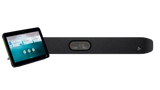 A picture of a video bar, the HP Poly Studio X32, and a touch controller, the HP Poly TC10. The touch controller is towards the left of the image and in front of the video bar.