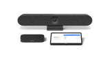 A product image of the Logitech Huddle Room Solution with Rally Bar Huddle for Google Meet. The kit includes the Rally Bar Huddle all-in-one video conference camera, the CTL Compute System and the Logitech Tap touch controller.