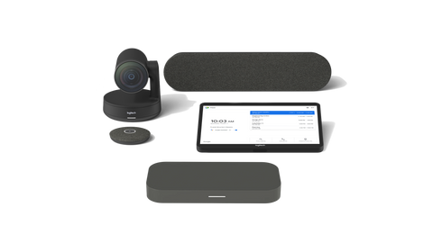 A product image of the Logitech Medium Room Solution with Rally System for Google Meet. The kit includes the Logitech Rally Camera, the CTL Compute System, the Logitech Tap touch controller, the Rally Speaker and Rally Mic Pod.