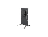A photo of the Neat adaptive stand. The stand has four wheels and a large grey panel. A black mounting bracket is visible and attached to the upper centre of the panel.