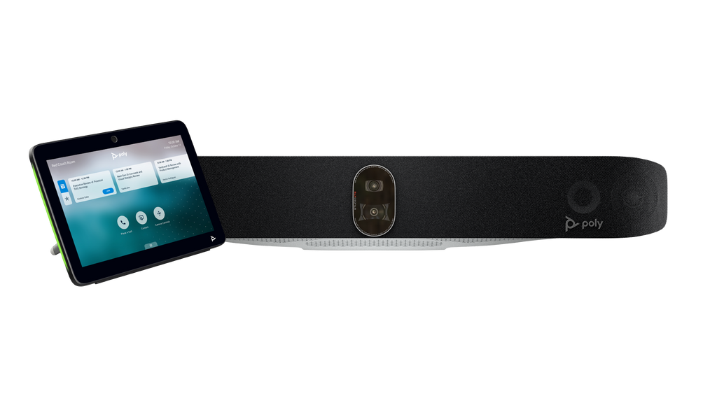 A picture of a video bar, the HP Poly Studio X72, and a touch controller, the HP Poly TC10. The touch controller is towards the left of the image and in front of the video bar.