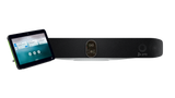 A picture of a video bar, the HP Poly Studio X72, and a touch controller, the HP Poly TC10. The touch controller is towards the left of the image and in front of the video bar.