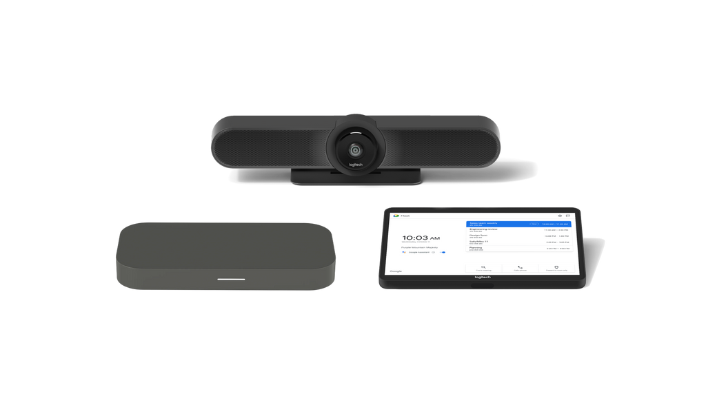 A product image of the Logitech Small Room Solution with MeetUp for Google Meet. The kit includes the MeetUp all-in-one video conference camera, the CTL Compute System and the Logitech Tap touch controller.