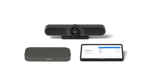 A product image of the Logitech Small Room Solution with MeetUp for Google Meet. The kit includes the MeetUp all-in-one video conference camera, the CTL Compute System and the Logitech Tap touch controller.