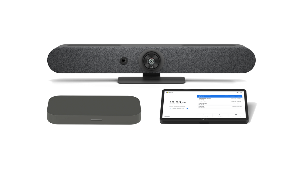 An image of the Logitech Small Room Solution with Rally Bar Mini for Google Meet. The kit includes the Rally Bar Mini all-in-one video conference camera, the CTL Compute System and the Logitech Tap touch controller.