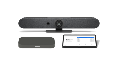 An image of the Logitech Small Room Solution with Rally Bar Mini for Google Meet. The kit includes the Rally Bar Mini all-in-one video conference camera, the CTL Compute System and the Logitech Tap touch controller.