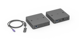 A product image of the Logitech Extend. The image includes a USB-C cable, the Table Side (TX) box and the Display Side (RX) box. The USB-C connector is purple and features a Logitech logo.