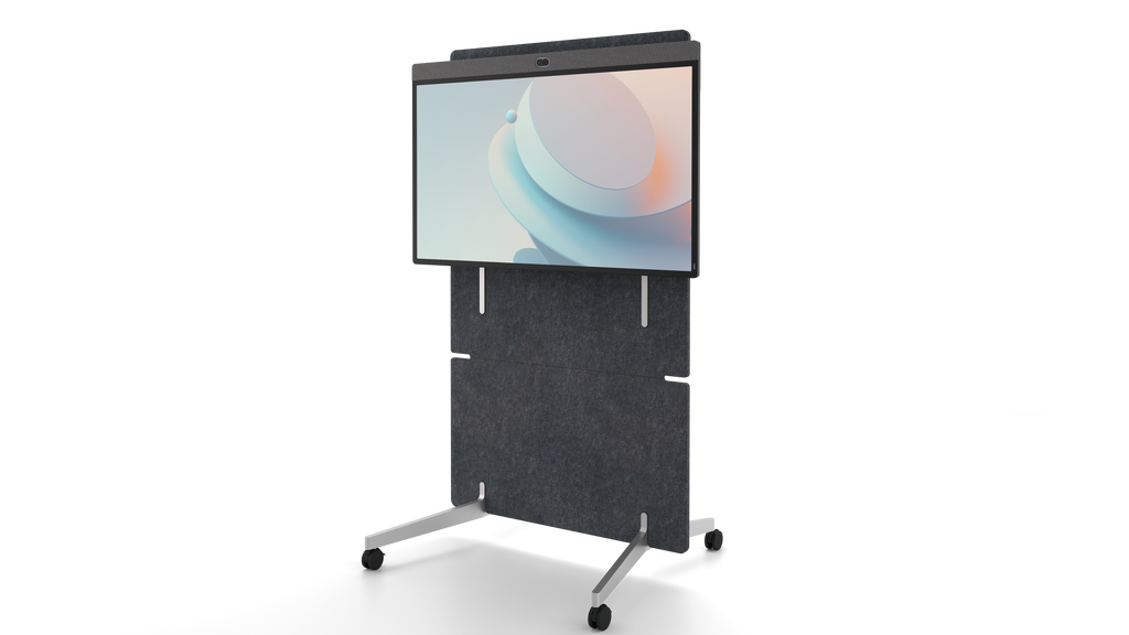 An image of the Neat Board 50 mounted on the Neat adaptive stand. The stand has four wheels and a large grey panel enabling the Neat Board 50 to move up and down.
