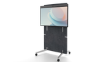 An image of the Neat Board 50 mounted on the Neat adaptive stand. The stand has four wheels and a large grey panel enabling the Neat Board 50 to move up and down.