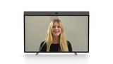 An image of the Neat Board 50 on its table stand. On the screen is a woman smiling, appearing to be on a video call.