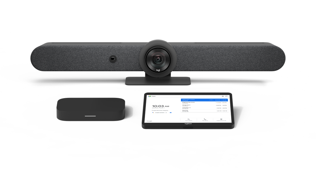 An image of the Logitech Medium Room Solution with Rally Bar for Google Meet. The kit includes the Rally Bar all-in-one video conference camera, the CTL Compute System and the Logitech Tap.