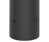 A close-up image of the microphone mute button on the Logitech Sight in graphite. The button is on the side of the device, and the “Logi” logo is on the front.