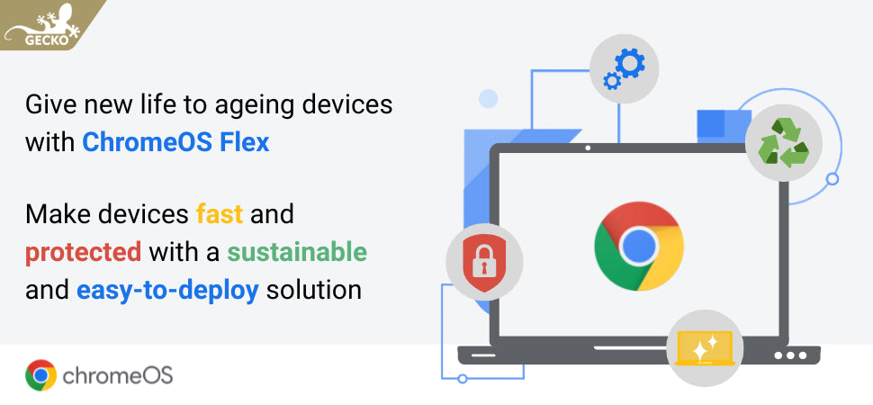 An image with text reading "Give new life to ageing devices with ChromeOS Flex. Make devices fast and protected with a sustainable and easy-to-deploy solution".